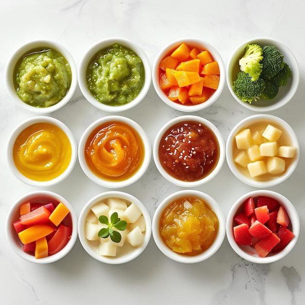 A white table topped with bowls of different types of food and sauces on top of its sides