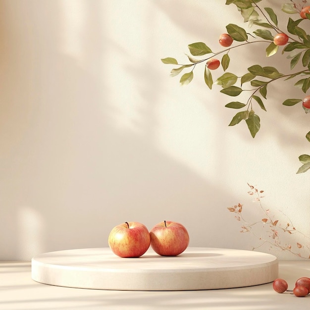 a white table with apples and a painting of apples on it