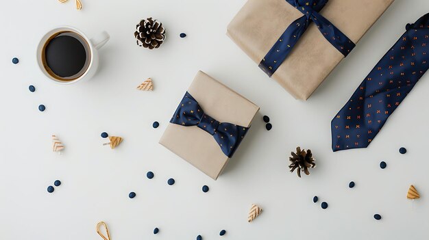 a white table with blue ribbon and a blue bow on it