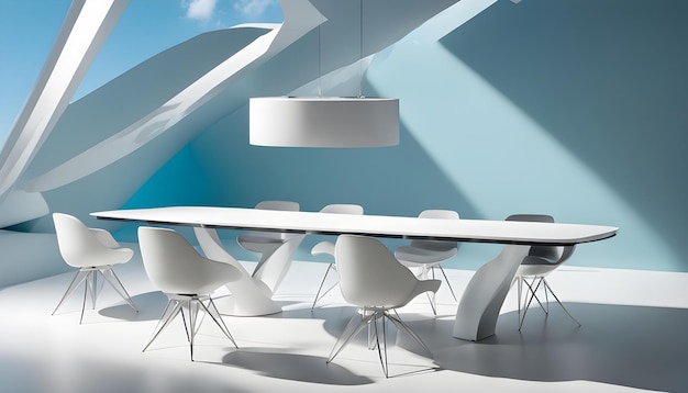 a white table with chairs and a white table with a light on it