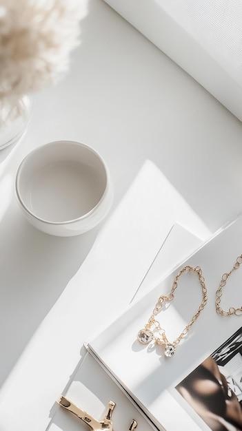 Photo a white table with a glass bowl and a box of jewelry on it