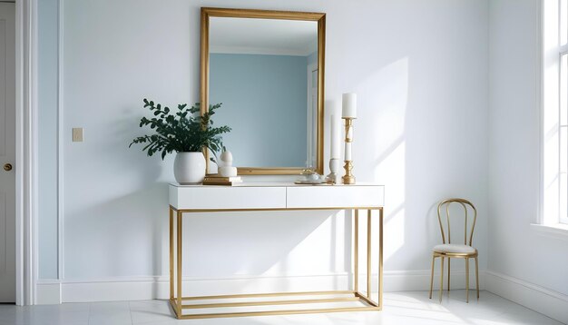 a white table with a gold frame and a plant on it