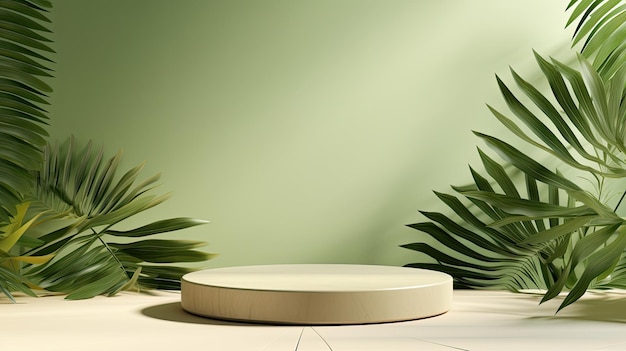 a white table with a green palm leaf on it