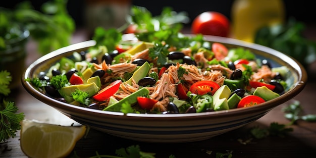 A white table with a green salad with tuna corn carrots peas pepper beans olives and other n