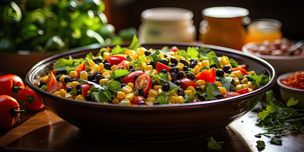 A white table with a green salad with tuna corn carrots peas pepper beans olives and other n