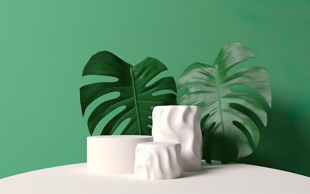 A white table with a green wall and a plant in the background.