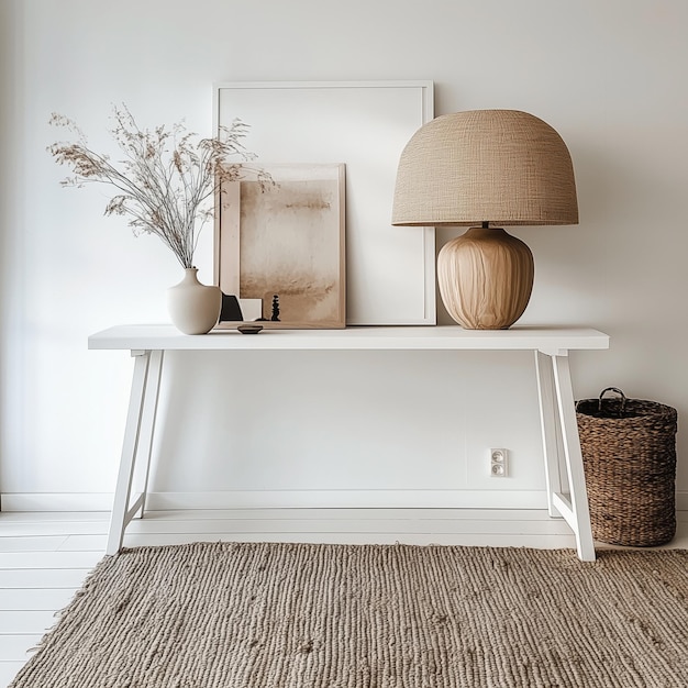 Photo a white table with a lamp and a vase on it