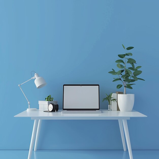 a white table with a laptop and a plant on it