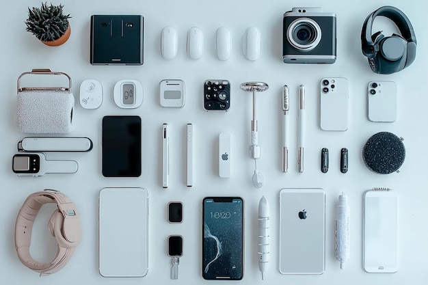 Photo a white table with many different white iphones and accessories