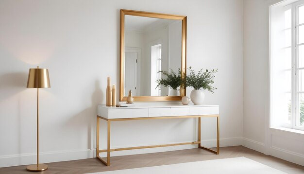 a white table with a mirror and a plant on it