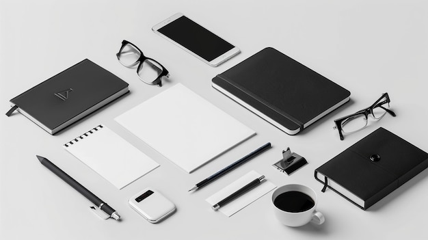 White Table with Notebooks and Glasses Brand Identity Development Concept