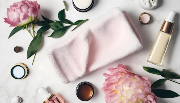 A white table with a pink towel, a bottle of perfume, a bottle of perfume, and a flower.