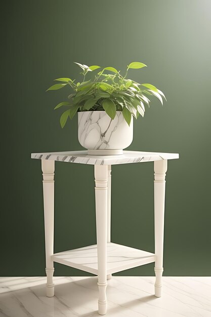 a white table with a plant on it and a green background