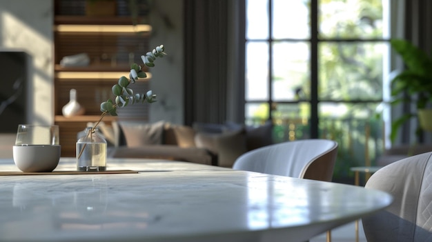 a white table with a plant on it and a window in the background