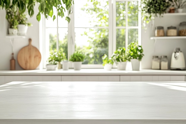 a white table with plants on it and a potted plant on the window sill