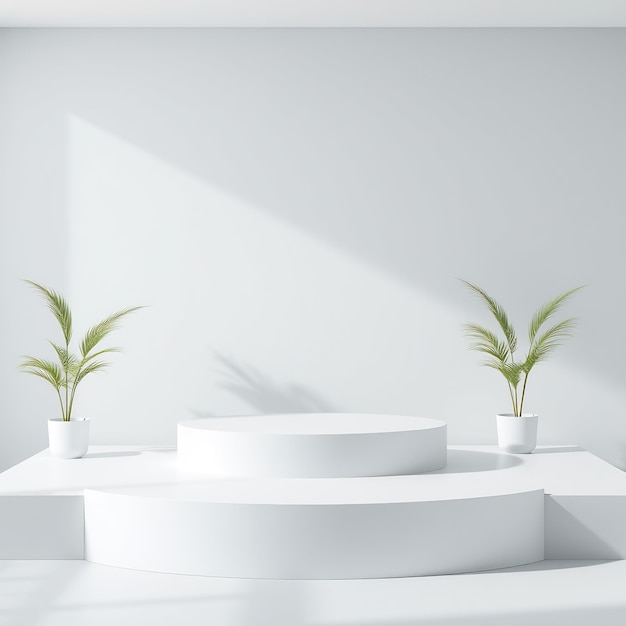 a white table with plants on it and a white background