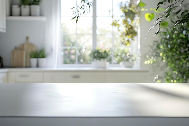 a white table with plants on it and a window in the background