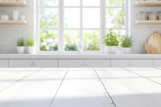 a white table with plants on it and a window behind it