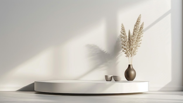 a white table with a silver vase and a white table with wheat in it