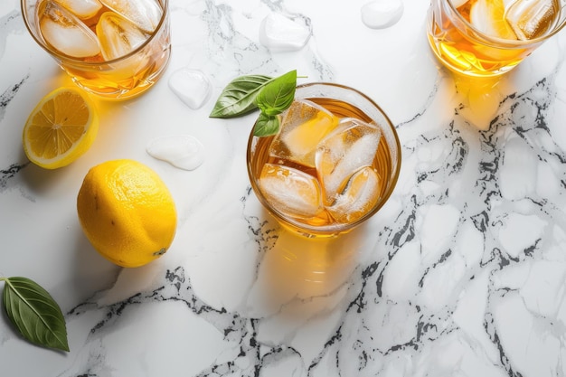 White table with tea and lemon on marble