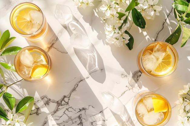 White table with tea and lemon on marble