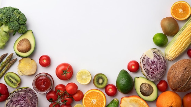 a white table with a variety of fruits including tomatoes and avocado