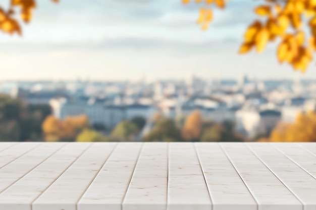 a white table with a view of a city and a city in the background