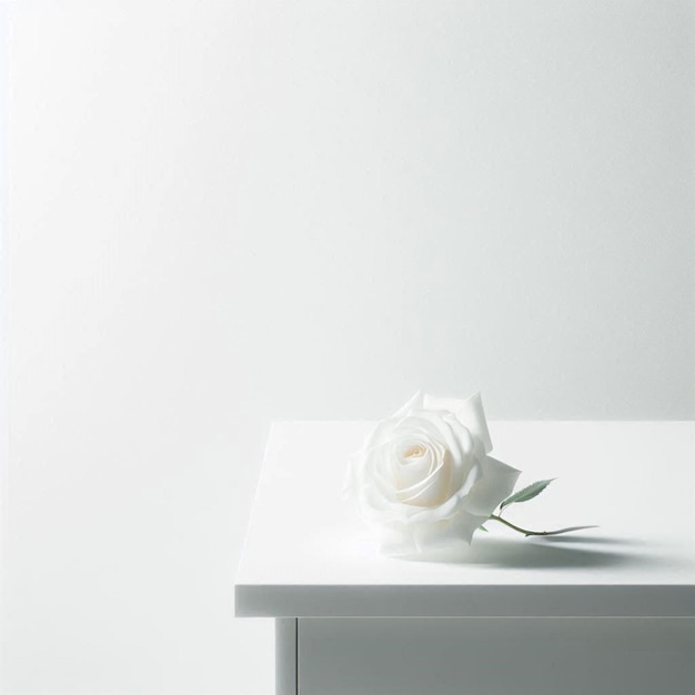 Photo a white table with a white rose on it