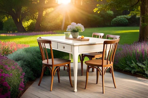 A white table with a white top and a wooden top with a flower arrangement on it.