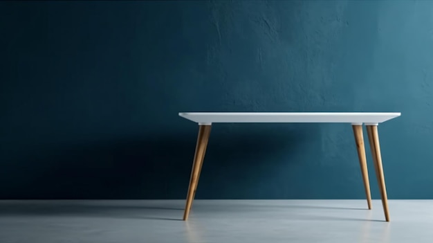 A white table with a wooden base and a blue wall.