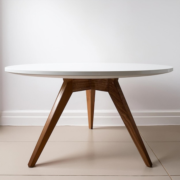 a white table with a wooden top sits in front of a white wall