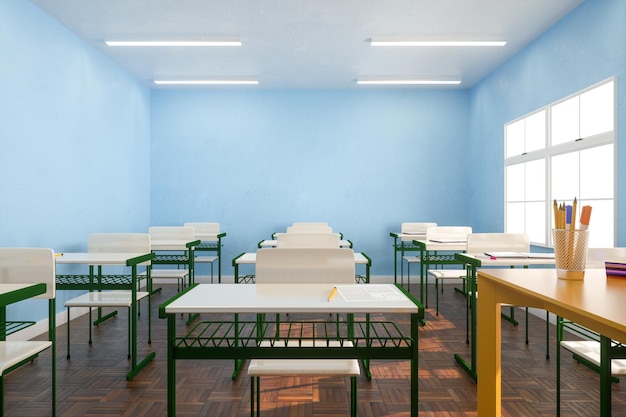 White tables and chairs located in rows near window in sunlit classroom with blue walls. 3d render