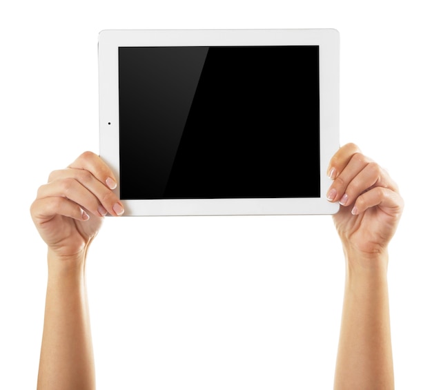 White tablet in hands isolated on white background