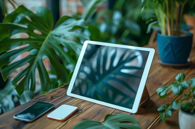 White tablet with green plant reflection on wooden table