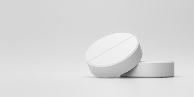 White tablets or painkillers with a pharmacy on a medical background. White pills for alleviating illness or fever. 3D rendering.