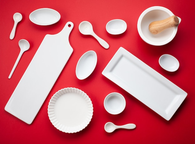 White tableware and kitchen utensils