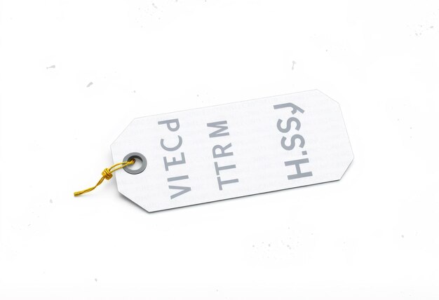 Photo white tag with text and yellow string on white background