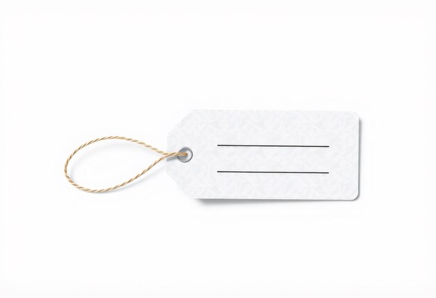 Photo white tag with a twine string and a metallic eyelet with two blank lines for text