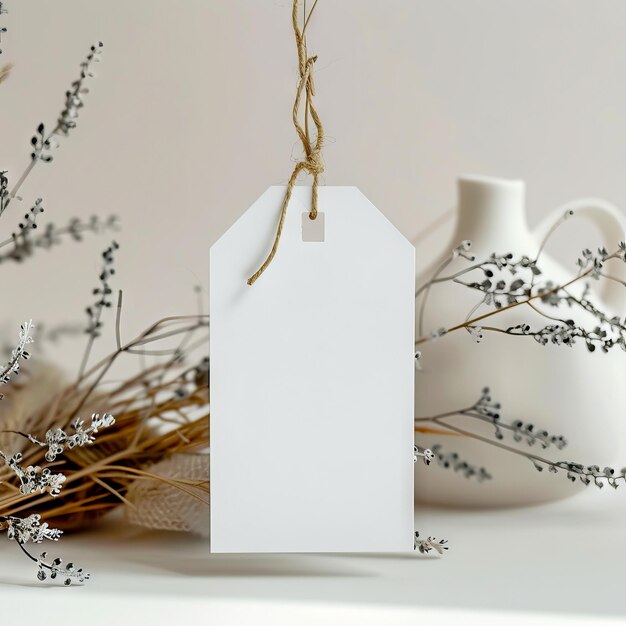 Photo a white tag with a vase and dried flowers