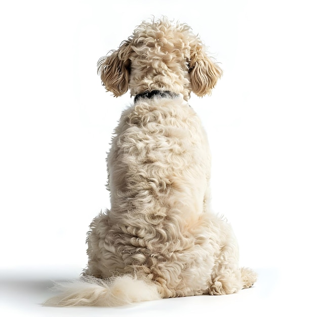 White and Tan Bordoodle Sitting from Behind on White Background