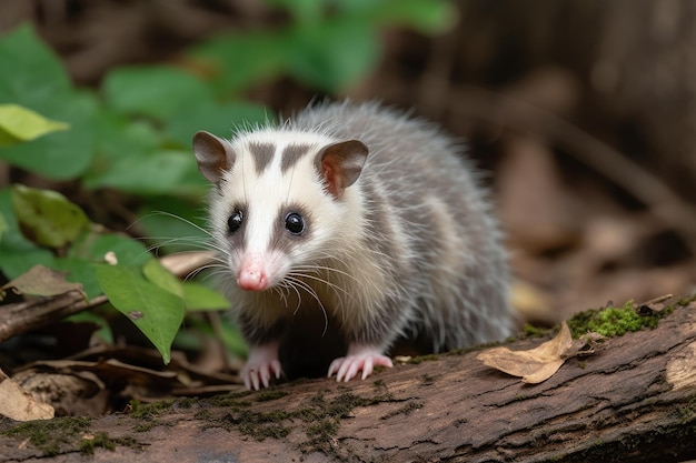 A white and tan opossum sits on a log in the forest.