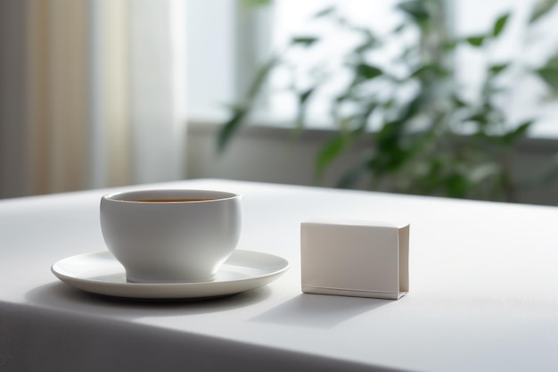 A white tea bag is placed on the side of a white table with a cup of tea AI generated