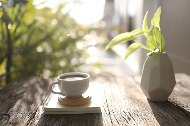 White tea cup and notebook and plant pot