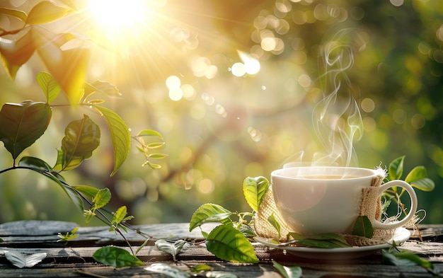 a white tea cup of refreshing hot steamy green tea with burlap and tea leaf decoration on a worn woo