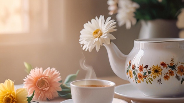 a white tea cup with a flower in it and a cup of coffee