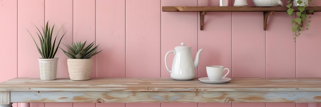 Photo a white tea kettle sits on a wooden table next to a white cup and a white saucer