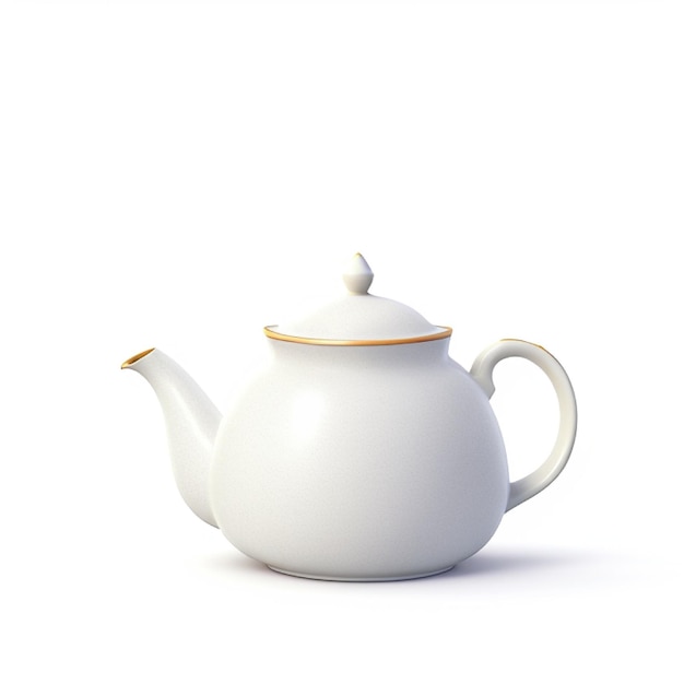 White teapot with gold trim on plain background