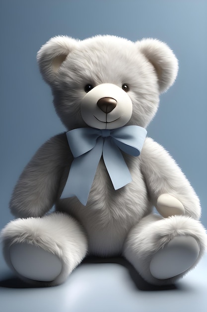 White teddy bear with blue bow on blue background 3d render