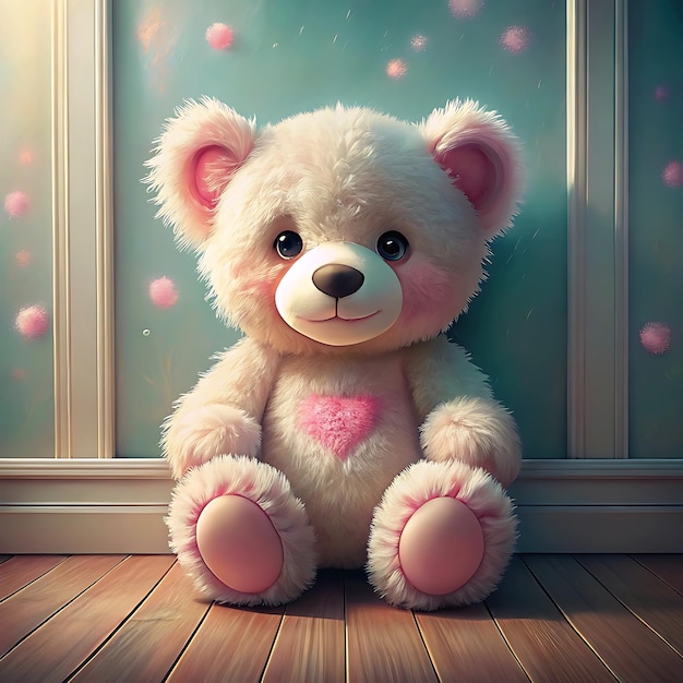 Photo white teddy bear with pink ears and a pink patch on its arm sits on a light pink wooden floor