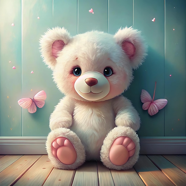 Photo white teddy bear with pink ears and a pink patch on its arm sits on a light pink wooden floor